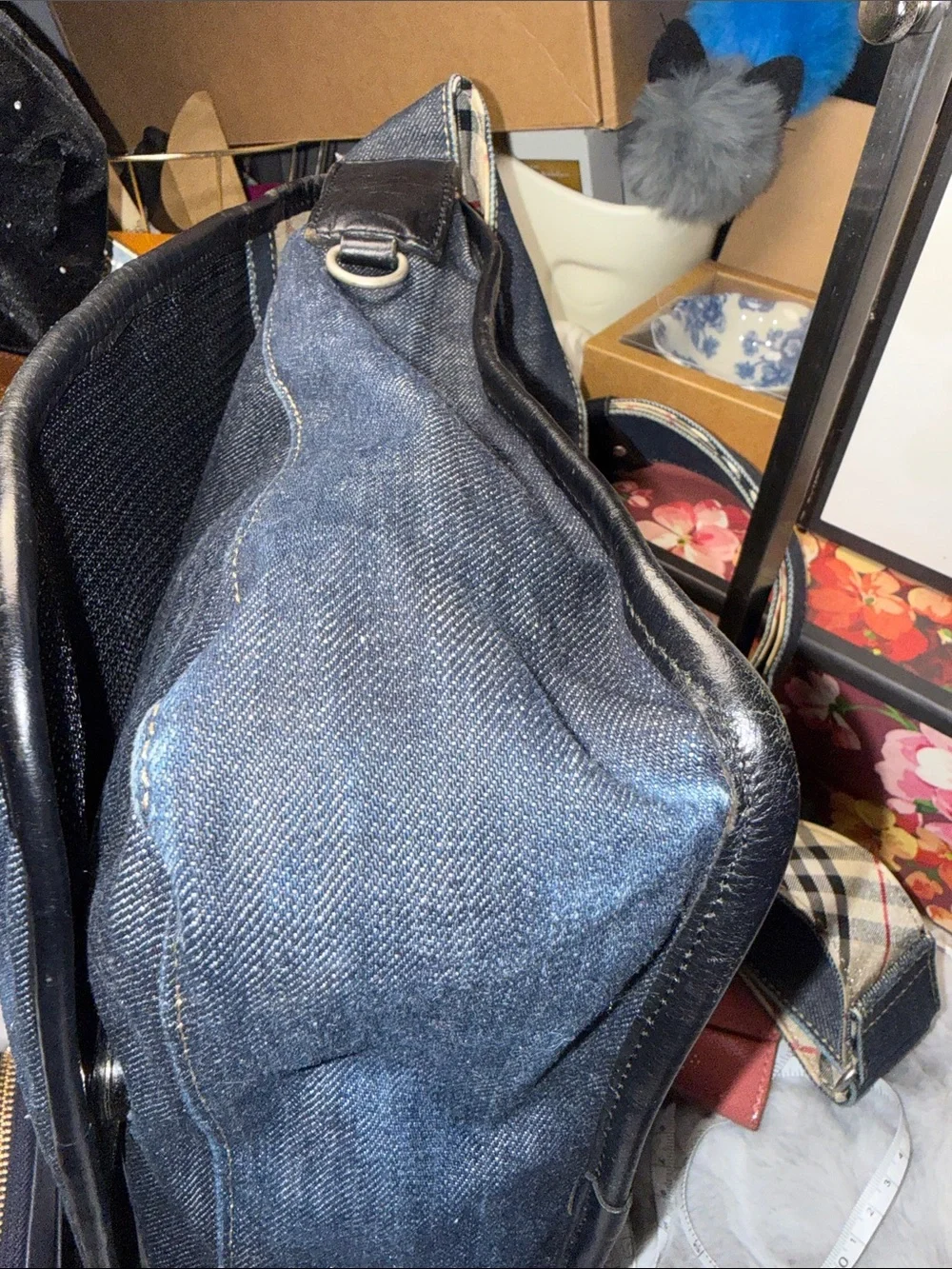 Burberry Blue Denim Messenger Bag with Beige Check Strap